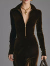 Velvet Zip-Front Slit Midi Dress thumbnail