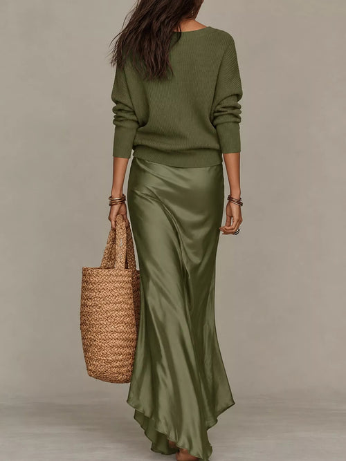 Customer styling Full Size V-Neck Sweater and Satin Maxi Dress Two-Piece Set Plus Size