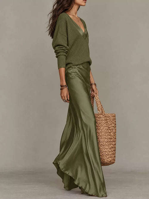 Customer styling Full Size V-Neck Sweater and Satin Maxi Dress Two-Piece Set Plus Size
