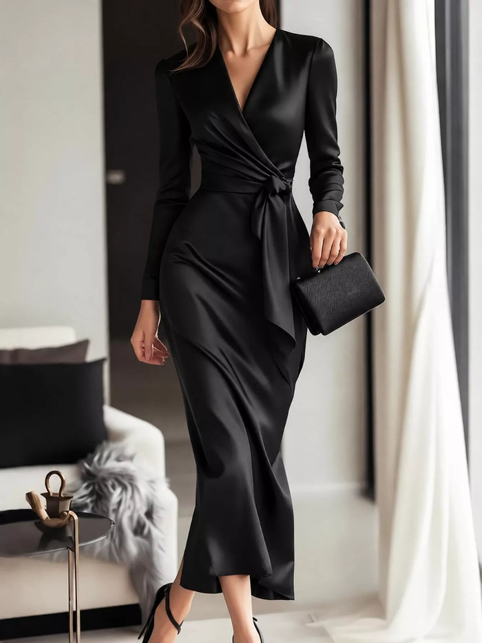 Satin Surplice Long Sleeve Dress