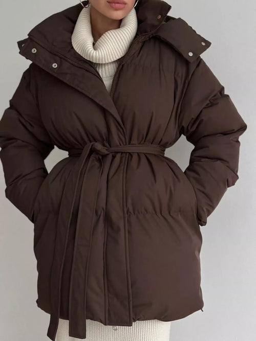 Customer styling Mid-Length Thickened Hooded Winter Coat with Belted