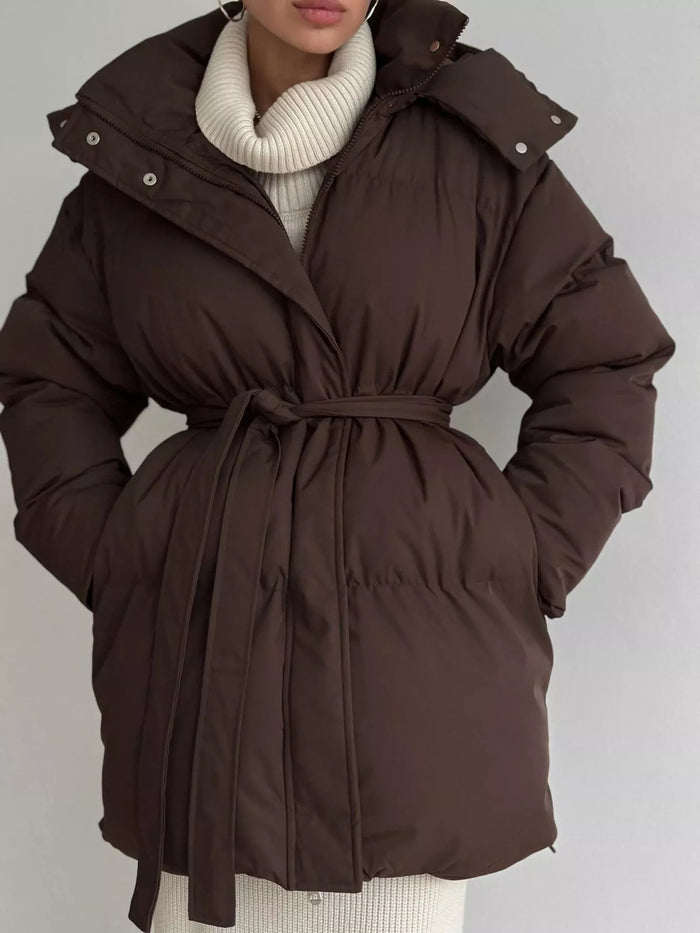 Mid-Length Thickened Hooded Winter Coat with Belted