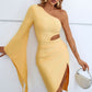 Cutout Split Flare Sleeve One-Shoulder Dress