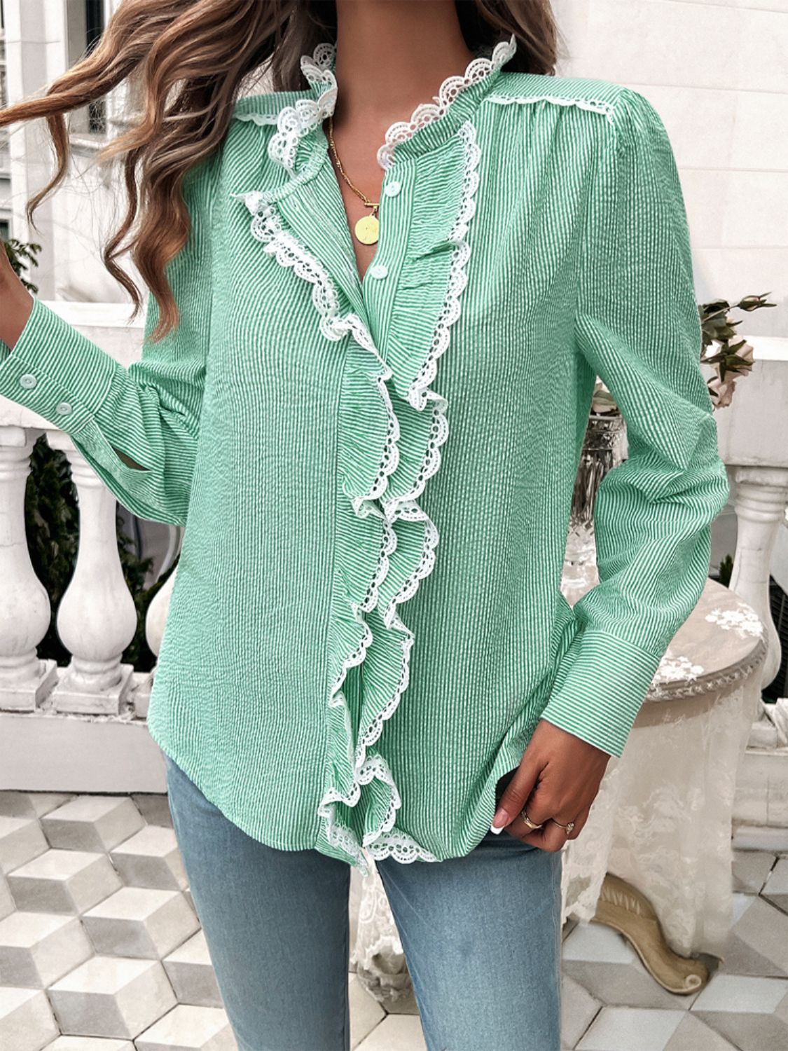 Lace Detail Ruffled Round Neck Long Sleeve Shirt