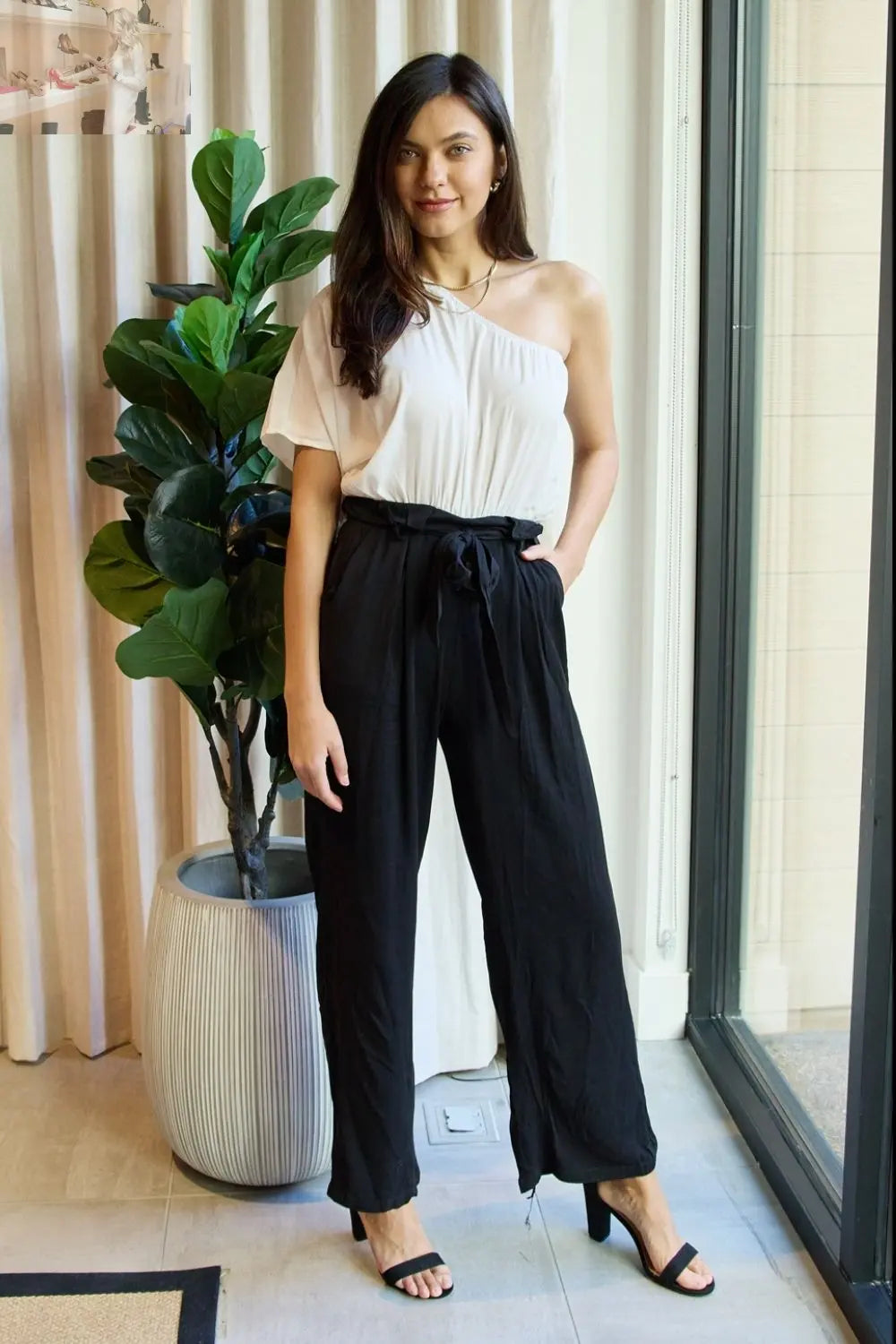 Dress Day Marvelous in Manhattan One-Shoulder Jumpsuit in White/Black - MegaSuperStar