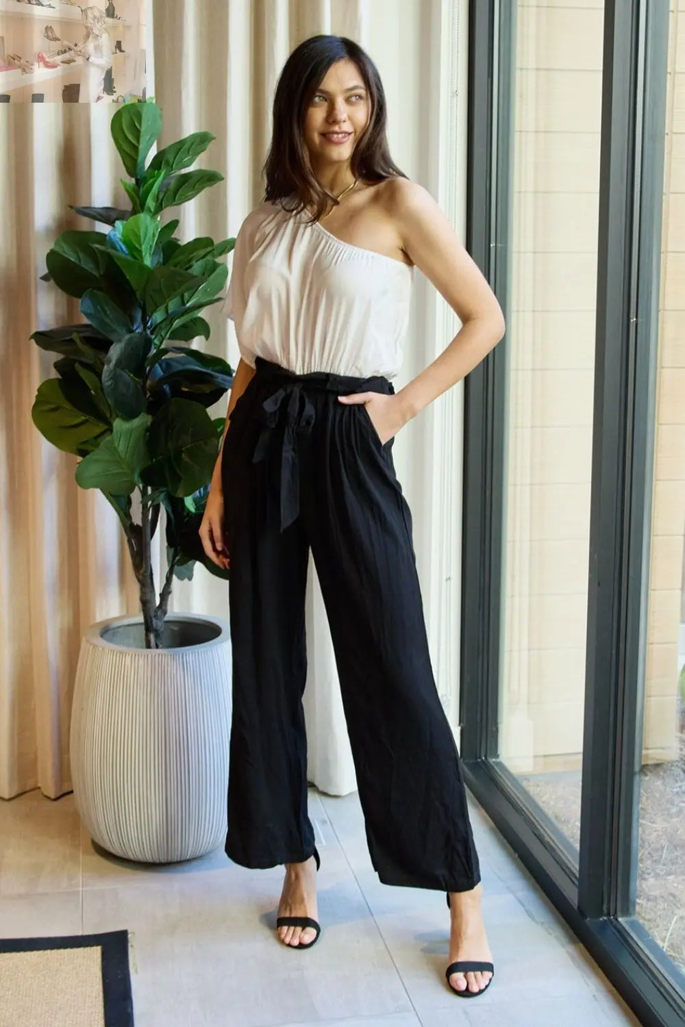 Dress Day Marvelous in Manhattan One-Shoulder Jumpsuit in White/Black - MegaSuperStar