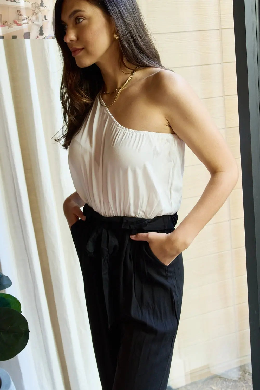 Dress Day Marvelous in Manhattan One-Shoulder Jumpsuit in White/Black - MegaSuperStar