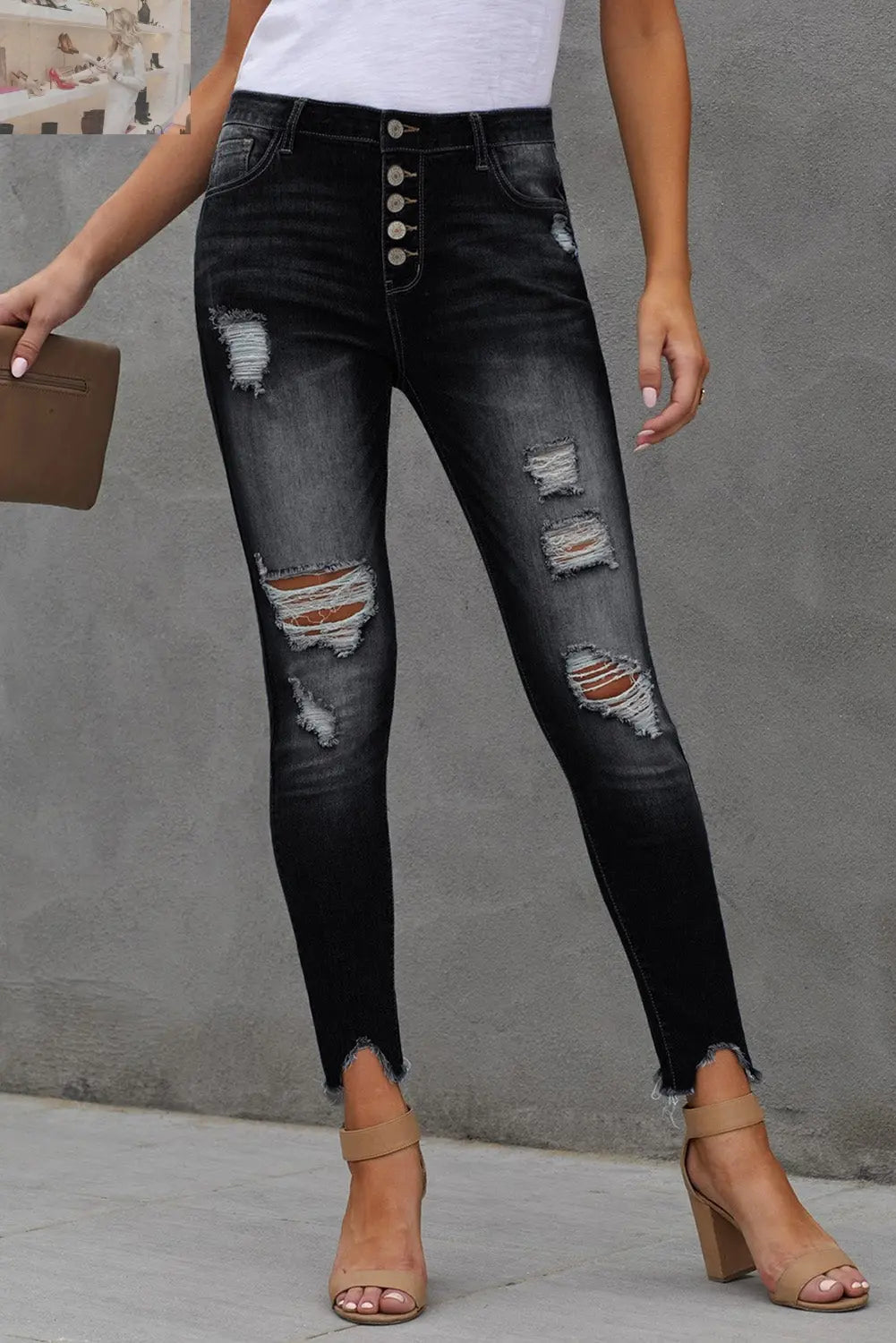 Button Fly Hem Detail Ankle-Length Skinny Jeans - MegaSuperStar