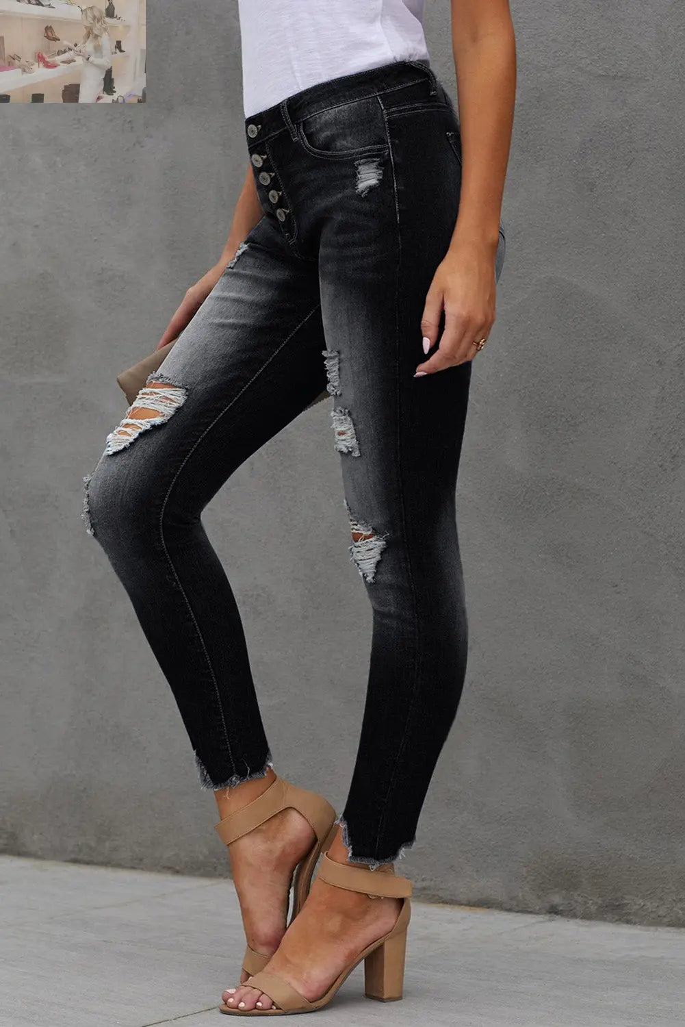 Button Fly Hem Detail Ankle-Length Skinny Jeans - MegaSuperStar