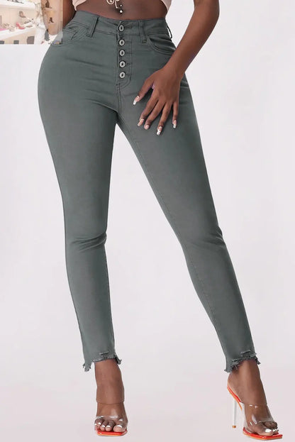 Button Fly Hem Detail Skinny Jeans - MegaSuperStar