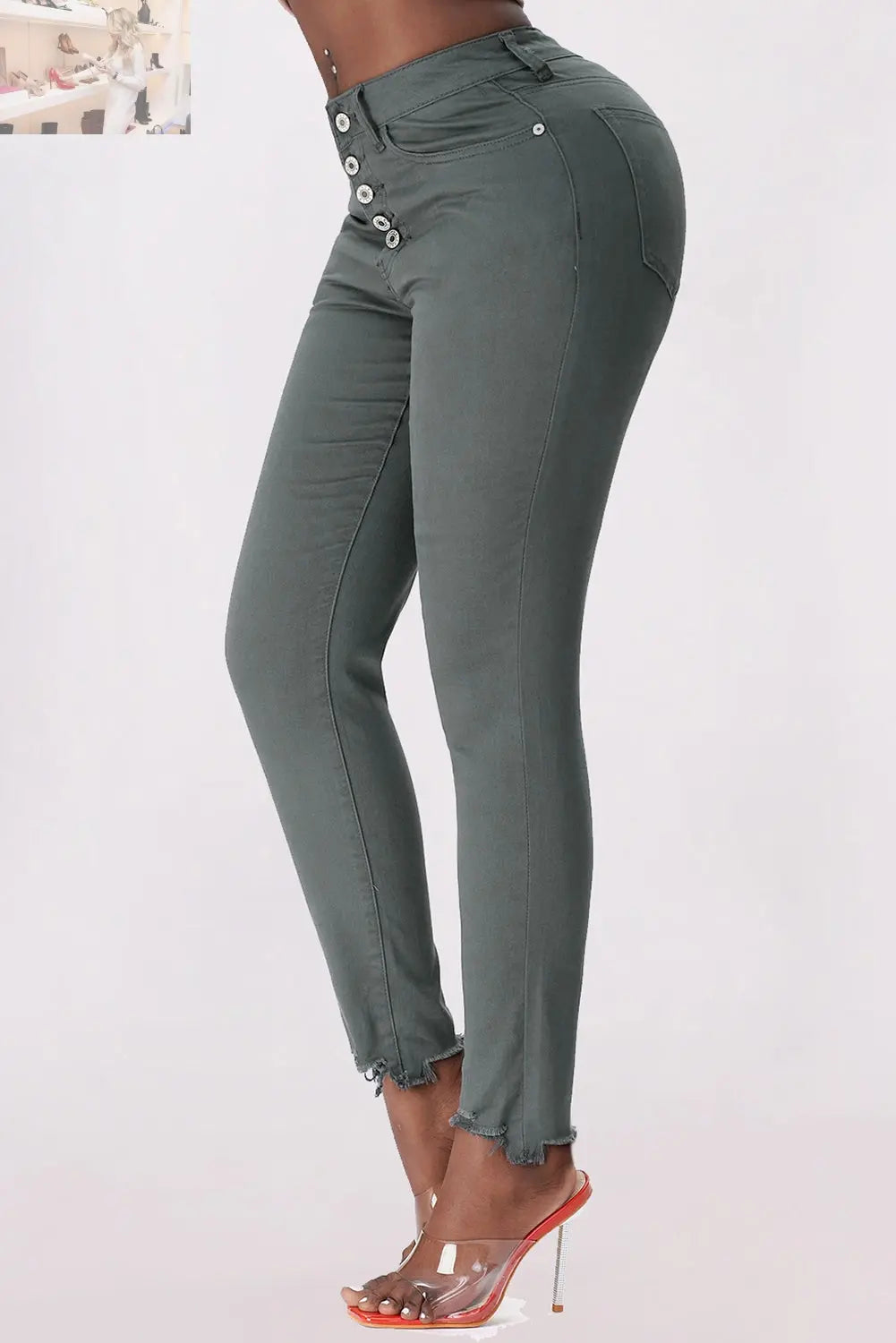 Button Fly Hem Detail Skinny Jeans - MegaSuperStar