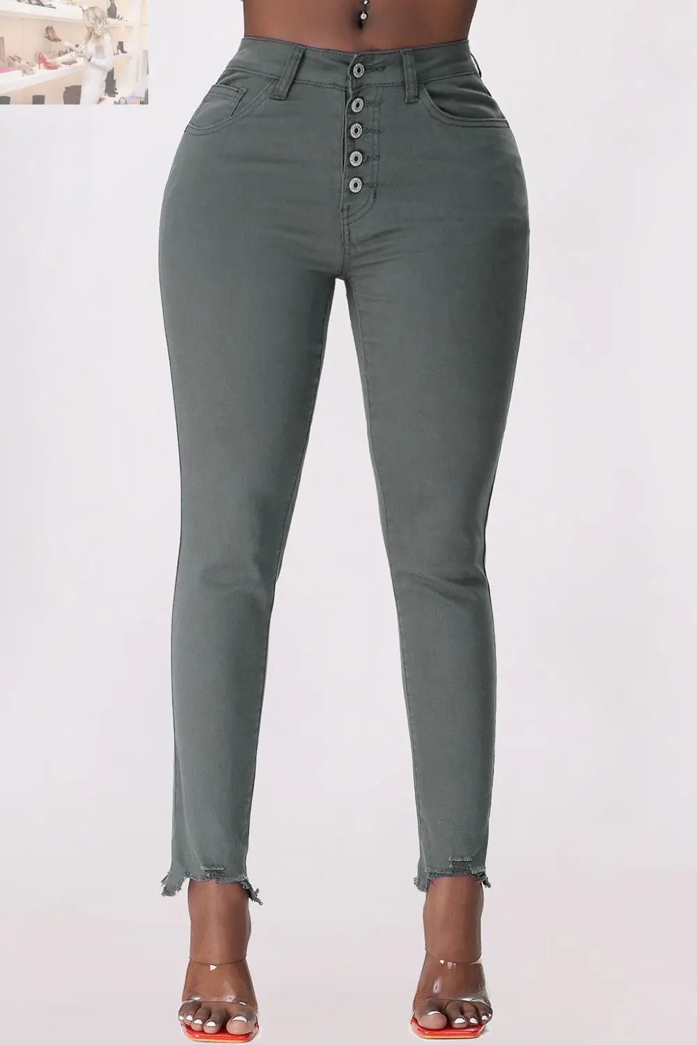 Button Fly Hem Detail Skinny Jeans - MegaSuperStar