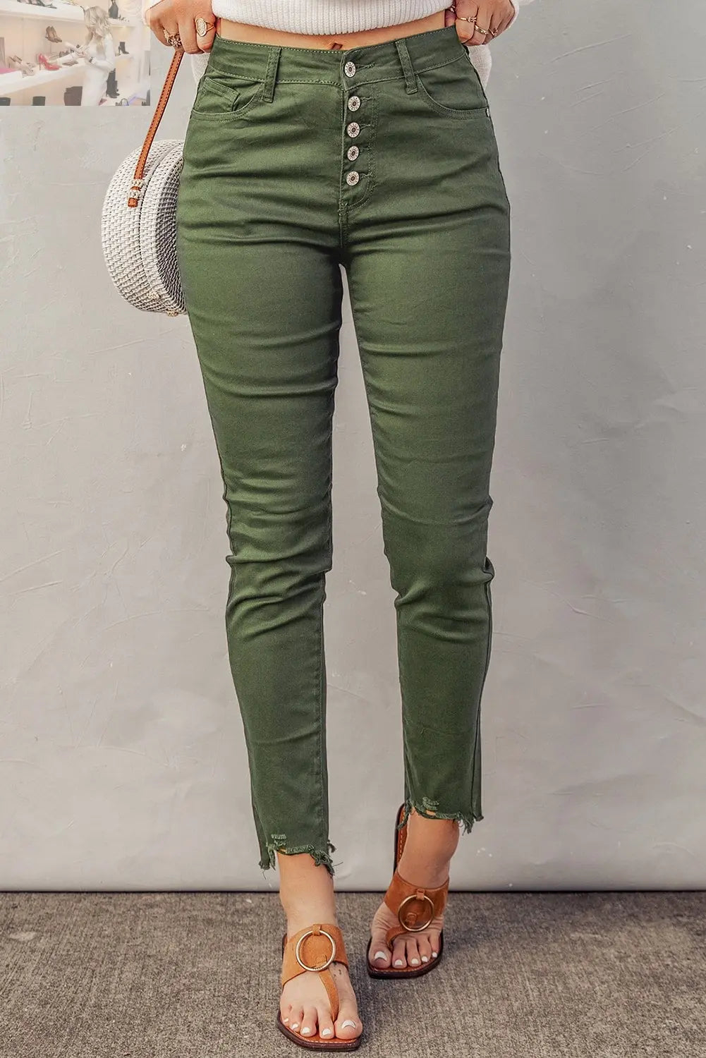 Button Fly Hem Detail Skinny Jeans - MegaSuperStar