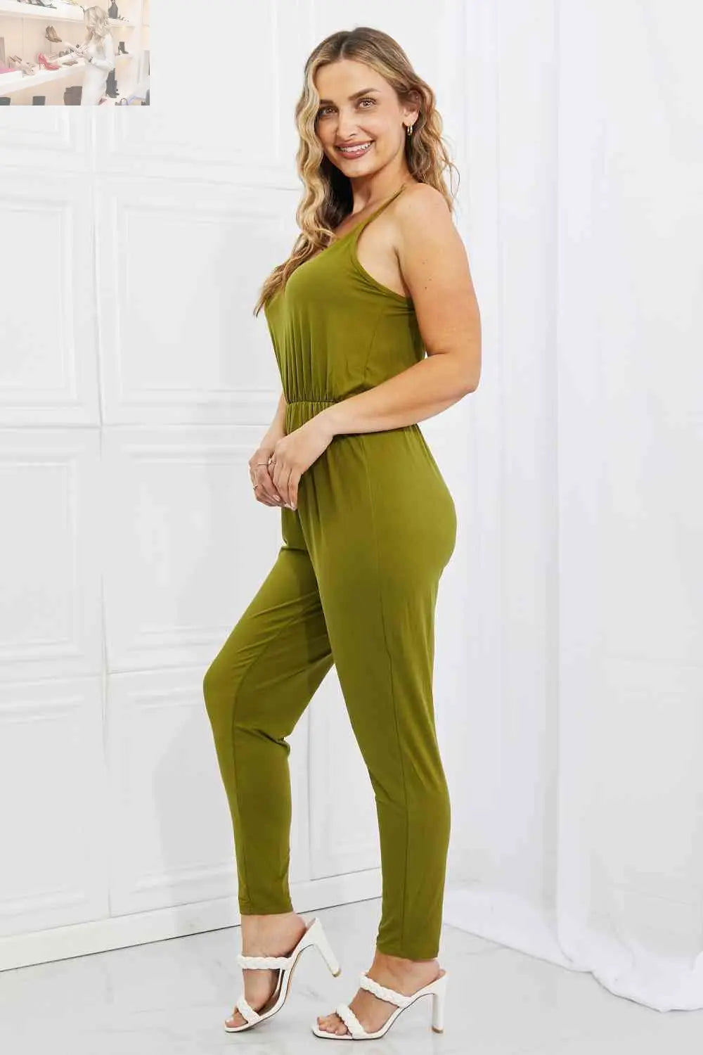 Capella Comfy Casual Full Size Solid Elastic Waistband Jumpsuit in Chartreuse - MegaSuperStar