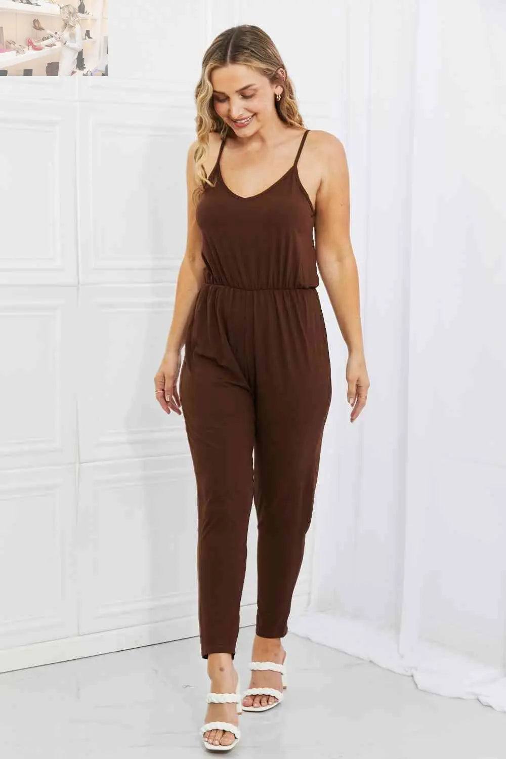 Capella Comfy Casual Full Size Solid Elastic Waistband Jumpsuit in Chocolate - MegaSuperStar