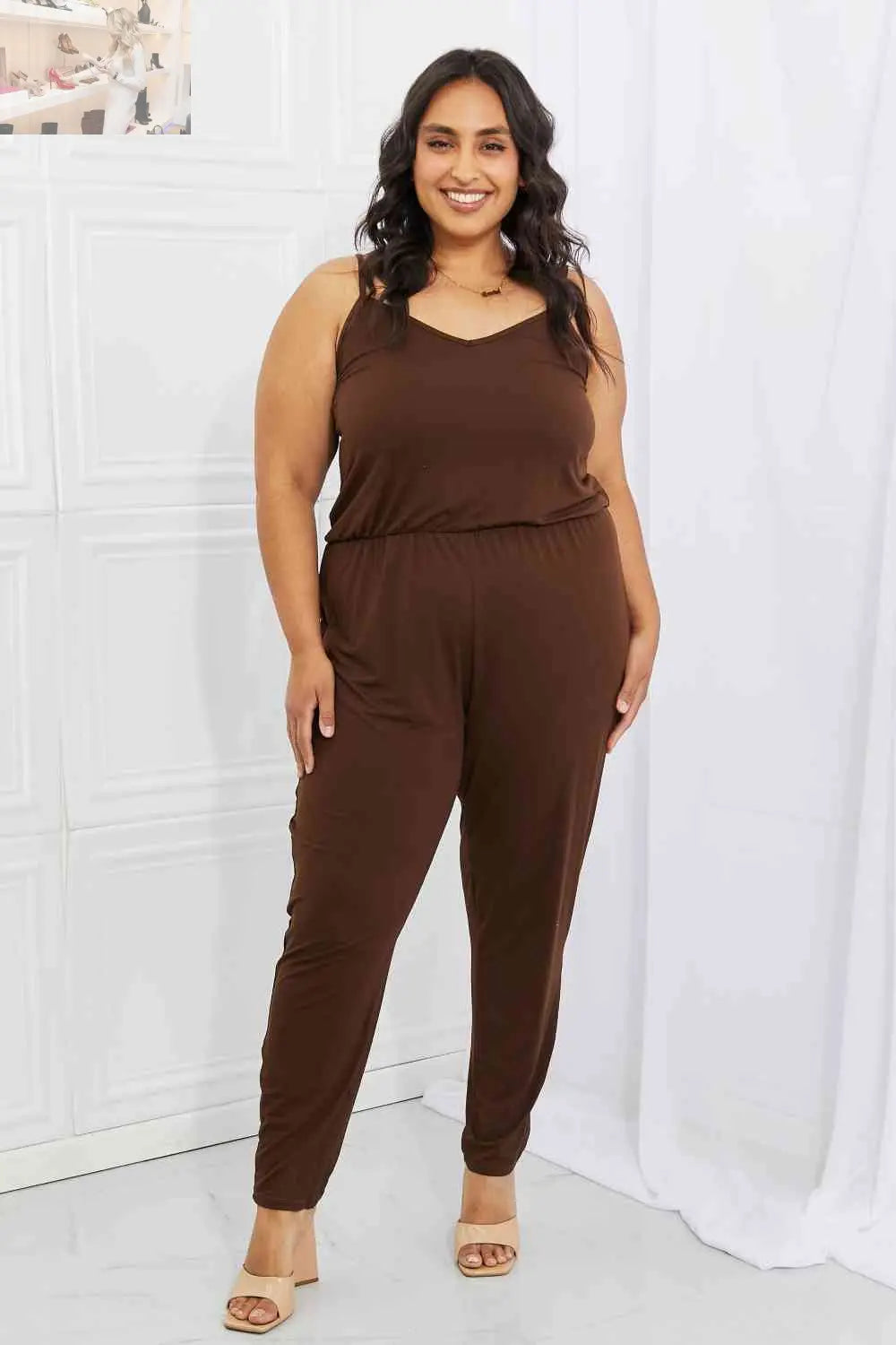 Capella Comfy Casual Full Size Solid Elastic Waistband Jumpsuit in Chocolate - MegaSuperStar