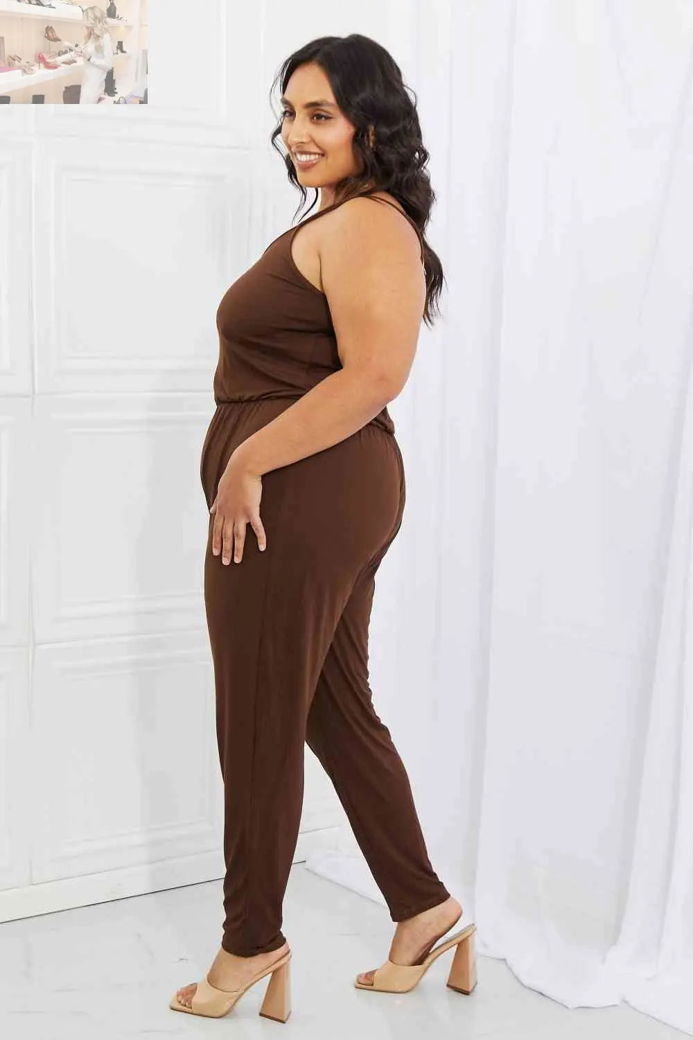 Capella Comfy Casual Full Size Solid Elastic Waistband Jumpsuit in Chocolate - MegaSuperStar