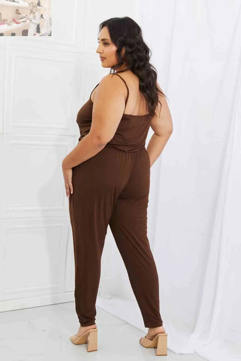 Capella Comfy Casual Full Size Solid Elastic Waistband Jumpsuit in Chocolate - MegaSuperStar