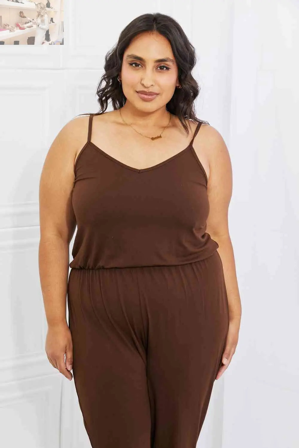 Capella Comfy Casual Full Size Solid Elastic Waistband Jumpsuit in Chocolate - MegaSuperStar