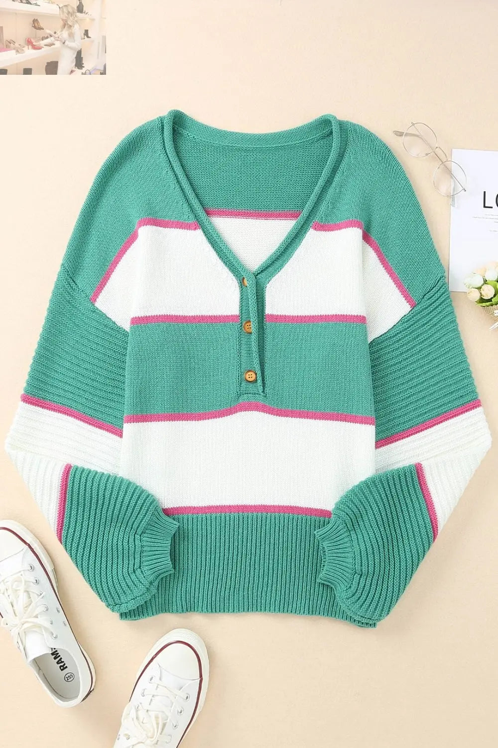 Color Block Buttoned V-Neck Sweater - MegaSuperStar