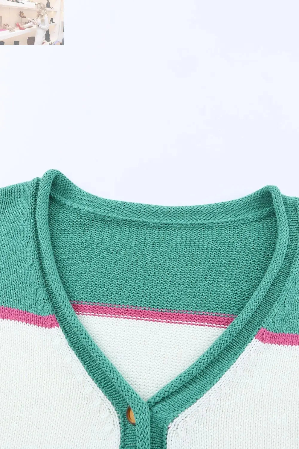 Color Block Buttoned V-Neck Sweater - MegaSuperStar