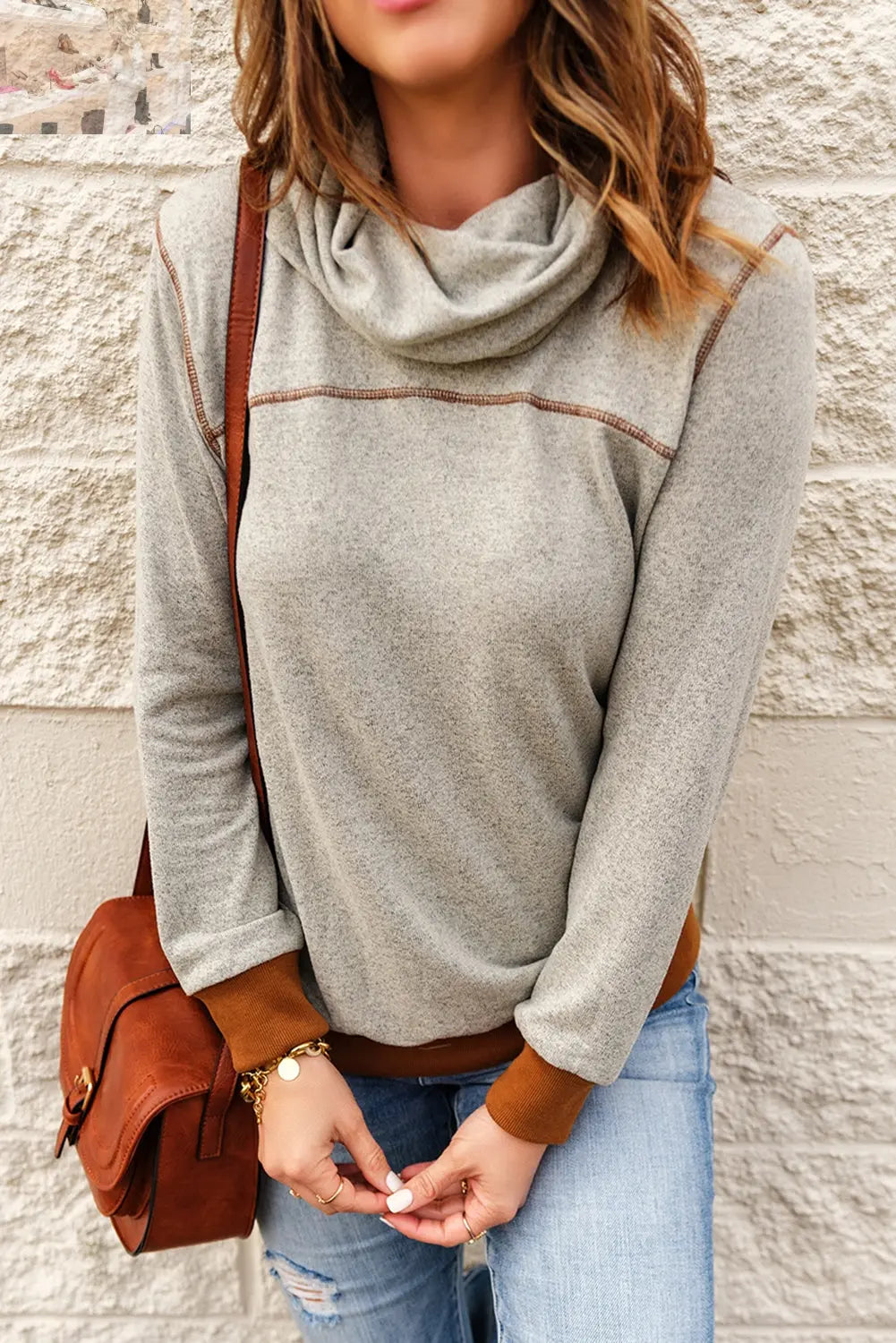 Contrast Cowl Neck Long Sleeve Top - MegaSuperStar