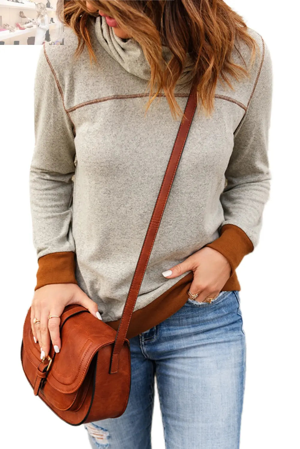 Contrast Cowl Neck Long Sleeve Top - MegaSuperStar