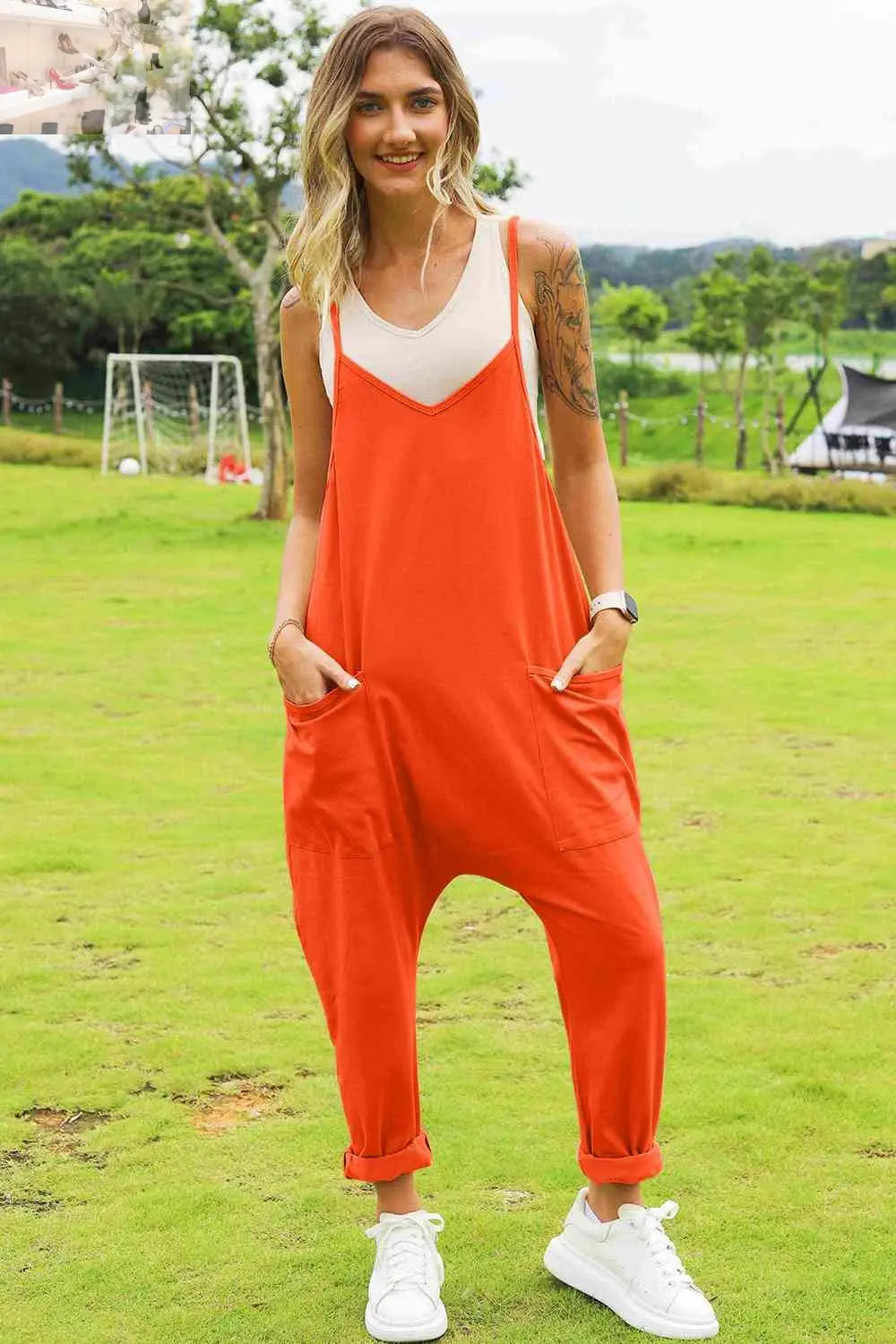 Double Take Full Size Sleeveless V-Neck Pocketed Jumpsuit - MegaSuperStar