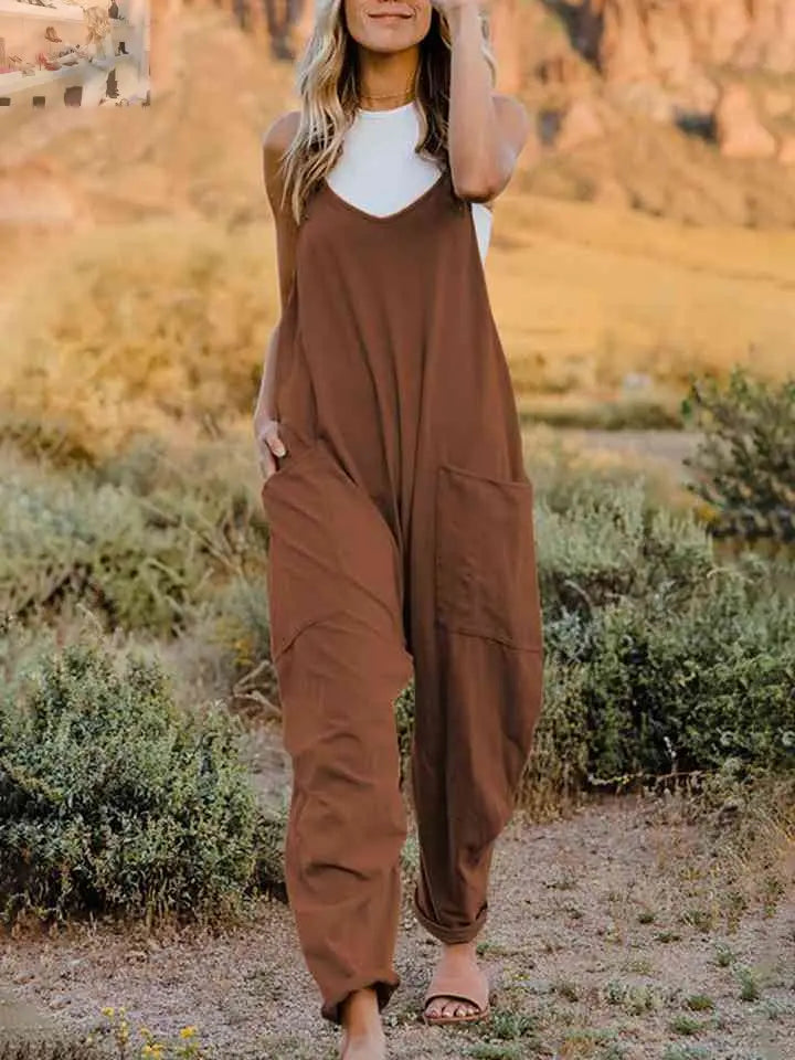 Double Take Full Size Sleeveless V-Neck Pocketed Jumpsuit - MegaSuperStar