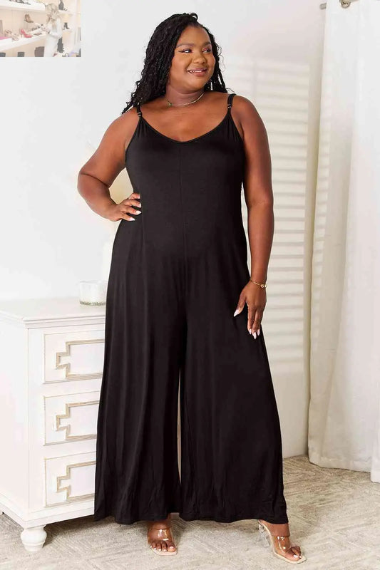 Double Take Full Size Soft Rayon Spaghetti Strap Tied Wide Leg Jumpsuit - MegaSuperStar