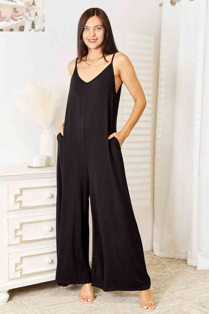 Double Take Full Size Soft Rayon Spaghetti Strap Tied Wide Leg Jumpsuit - MegaSuperStar