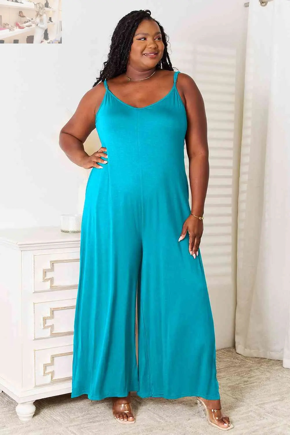 Double Take Full Size Soft Rayon Spaghetti Strap Tied Wide Leg Jumpsuit - MegaSuperStar