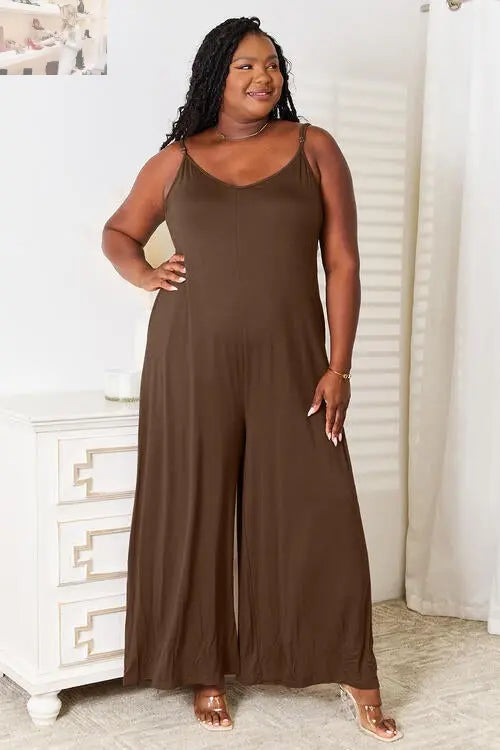 Double Take Full Size Soft Rayon Spaghetti Strap Tied Wide Leg Jumpsuit - MegaSuperStar