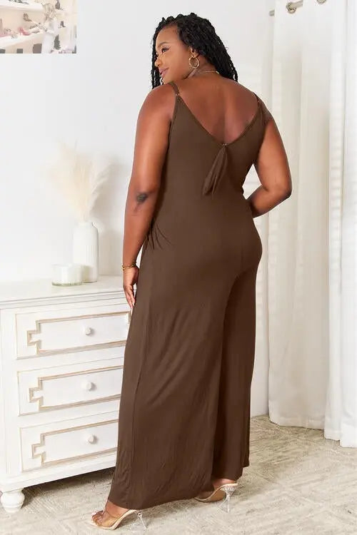 Double Take Full Size Soft Rayon Spaghetti Strap Tied Wide Leg Jumpsuit - MegaSuperStar