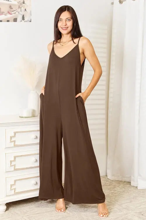 Double Take Full Size Soft Rayon Spaghetti Strap Tied Wide Leg Jumpsuit - MegaSuperStar