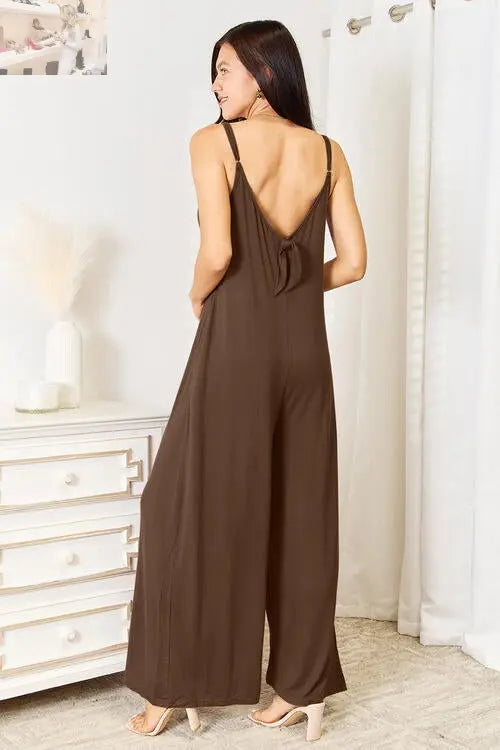 Double Take Full Size Soft Rayon Spaghetti Strap Tied Wide Leg Jumpsuit - MegaSuperStar