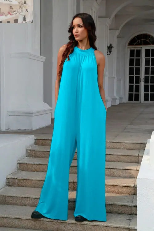 Double Take Full Size Tie Back Cutout Sleeveless Jumpsuit - MegaSuperStar