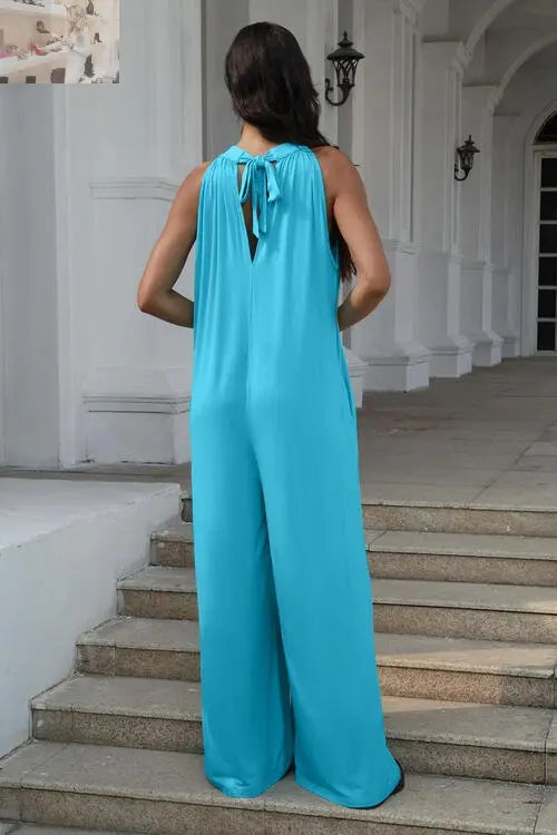 Double Take Full Size Tie Back Cutout Sleeveless Jumpsuit - MegaSuperStar