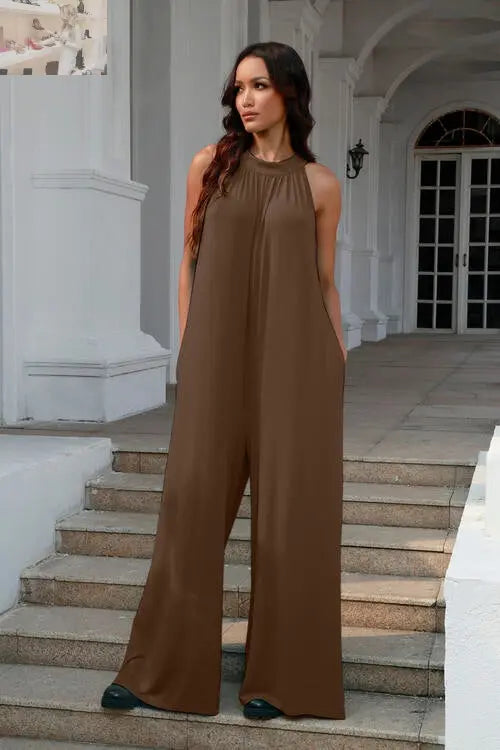 Double Take Full Size Tie Back Cutout Sleeveless Jumpsuit - MegaSuperStar