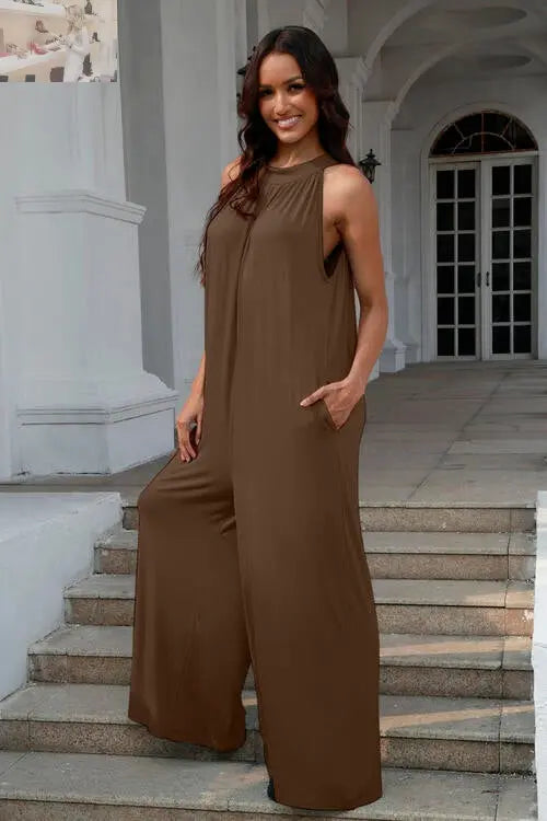 Double Take Full Size Tie Back Cutout Sleeveless Jumpsuit - MegaSuperStar