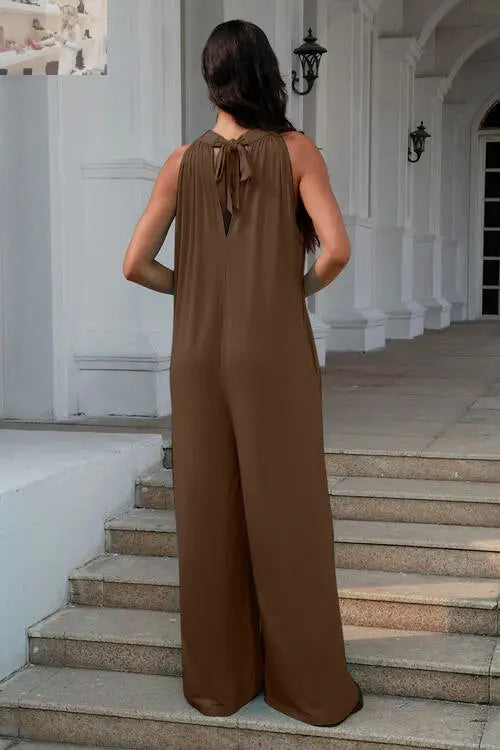 Double Take Full Size Tie Back Cutout Sleeveless Jumpsuit - MegaSuperStar