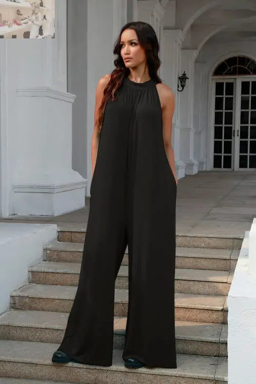 Double Take Full Size Tie Back Cutout Sleeveless Jumpsuit - MegaSuperStar