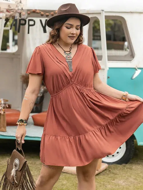 Double Take Plus Size Ruffle Hem V-Neck Short Sleeve Dress - MegaSuperStar