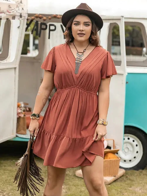 Double Take Plus Size Ruffle Hem V-Neck Short Sleeve Dress - MegaSuperStar