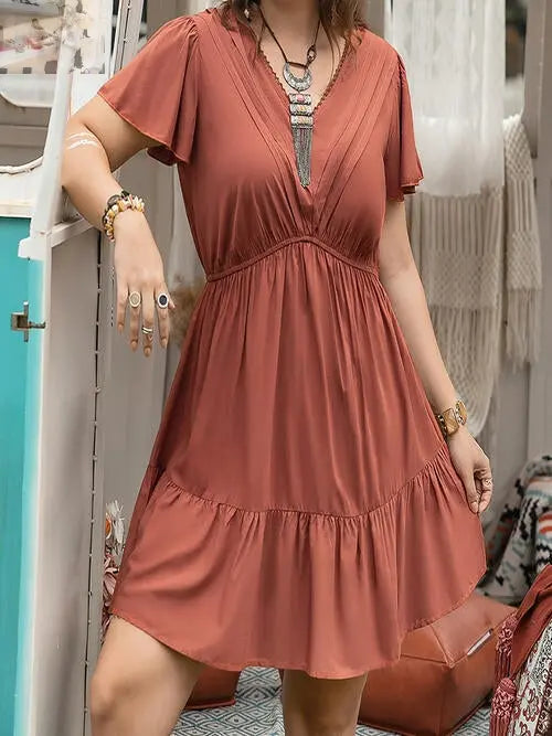 Double Take Plus Size Ruffle Hem V-Neck Short Sleeve Dress - MegaSuperStar