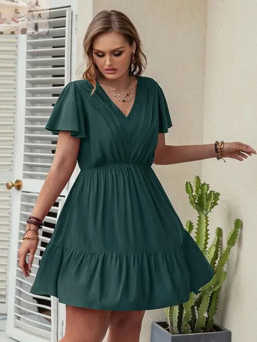 Double Take Plus Size Ruffle Hem V-Neck Short Sleeve Dress - MegaSuperStar