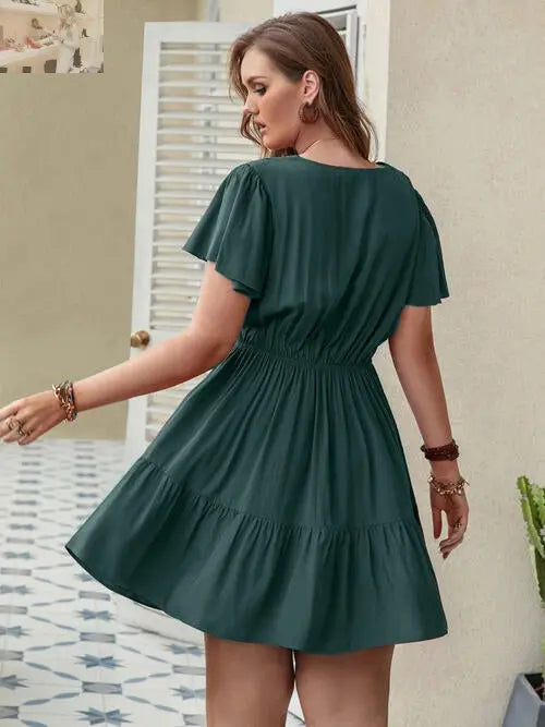 Double Take Plus Size Ruffle Hem V-Neck Short Sleeve Dress - MegaSuperStar