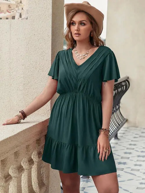 Double Take Plus Size Ruffle Hem V-Neck Short Sleeve Dress - MegaSuperStar