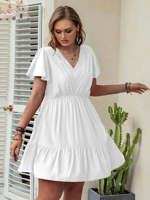 Double Take Plus Size Ruffle Hem V-Neck Short Sleeve Dress - MegaSuperStar