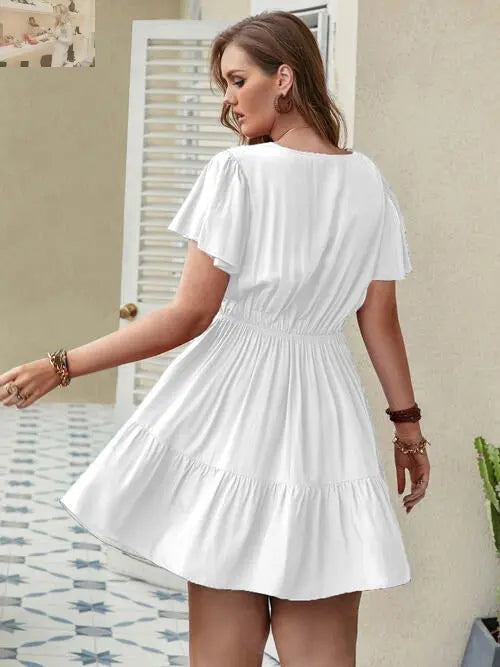 Double Take Plus Size Ruffle Hem V-Neck Short Sleeve Dress - MegaSuperStar